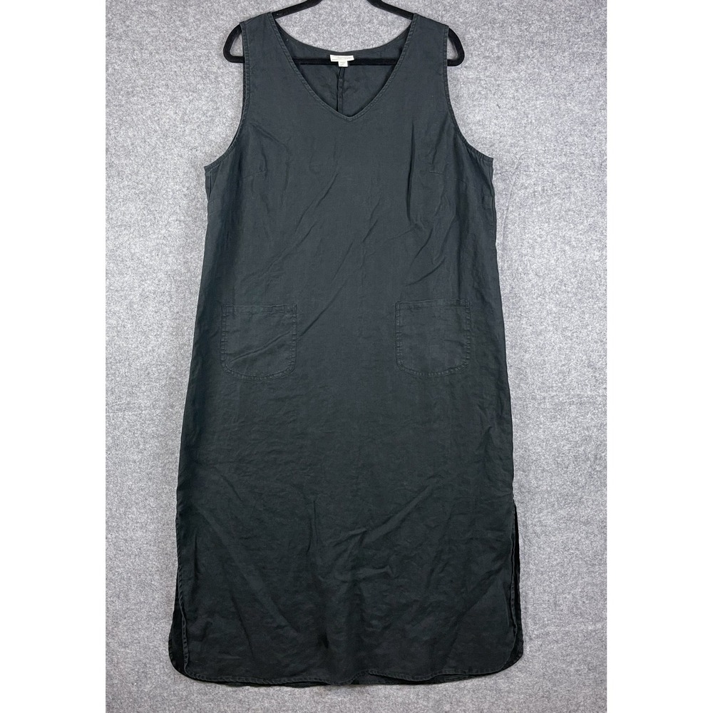 J Jill Love Linen Dress Womens XL Black V Neck Sleeveless Midi Coastal Minimal